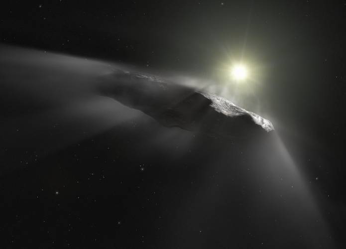 A ilustração apresenta o formato do Oumuamua. Fonte: ESA.