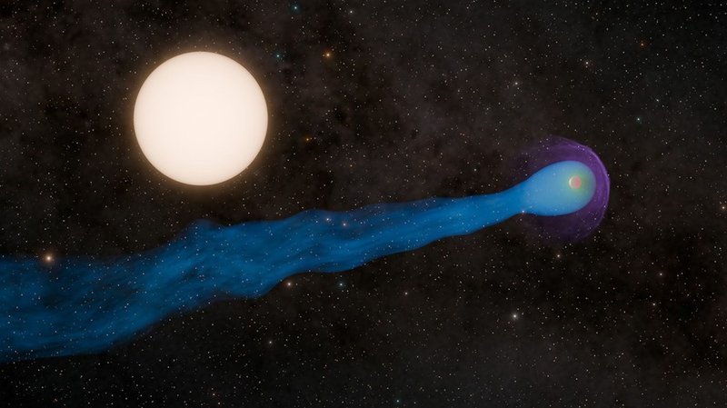 A ilustração mostra WASP-69b e sua cauda gigante. Fonte: NASA / JPL-Caltech / R. Hurt (IPAC).