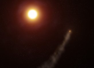 A proximidade do exoplaneta com sua estrela hospedeira é a responsável pelo processo de formação da cauda. Fonte: Adam Makarenko / W. M. Keck Observatory / UCLA.