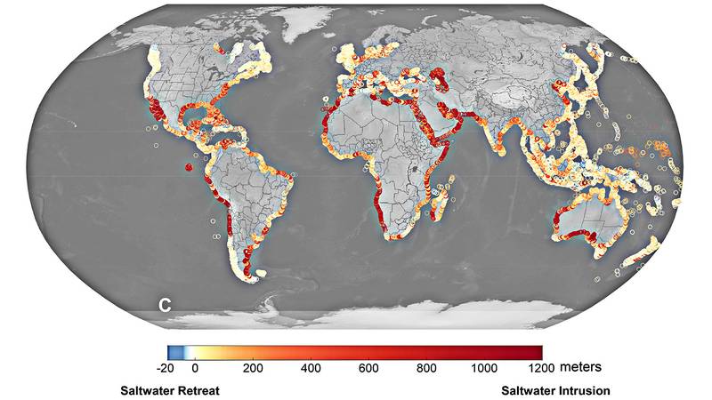 Mapa mundial da intrusão de água salgada. (Fonte: NASA/JPL-Caltech/Divulgação)