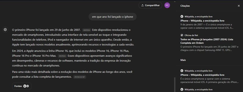 Um exemplo de pesquisa no buscador do ChatGPT. (Imagem: Nilton Kleina/TecMundo)