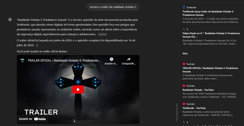 Buscador do ChatGPT pode colocar até vídeos do YouTube e mapas na tela de resultados. (Imagem: Nilton Kleina/TecMundo)