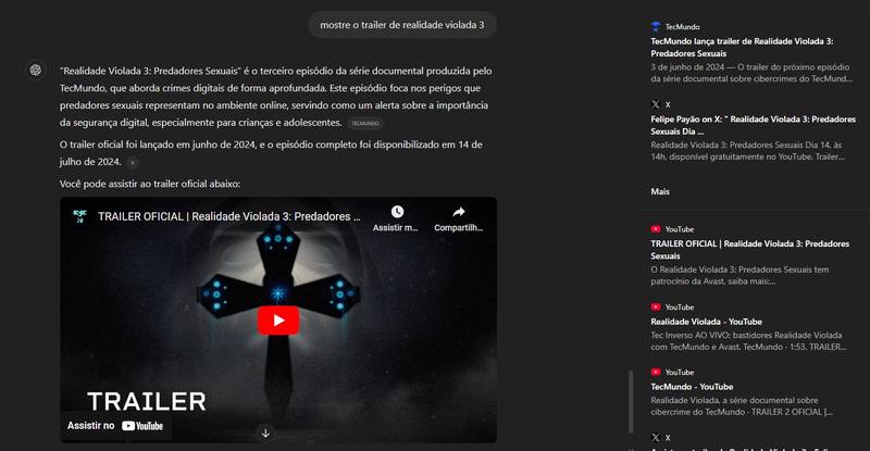 Buscador do ChatGPT pode colocar até vídeos do YouTube e mapas na tela de resultados. (Imagem: Nilton Kleina/TecMundo)