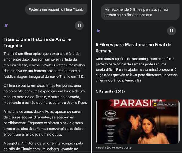 O Gemini pode te enviar listas de filmes e séries, e até mesmo te resumir uma obra por completo