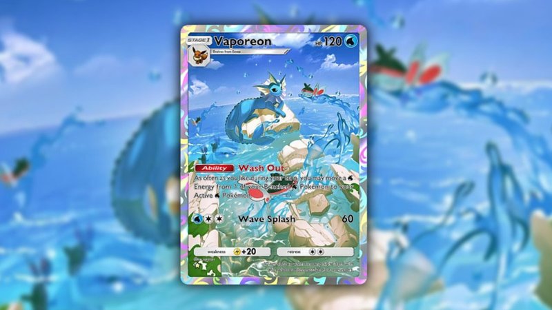 Carta do Vaporeon permite que os jogadores aloquem uma energia de água de algum Pokémon do banco para o Pokémon ativo.