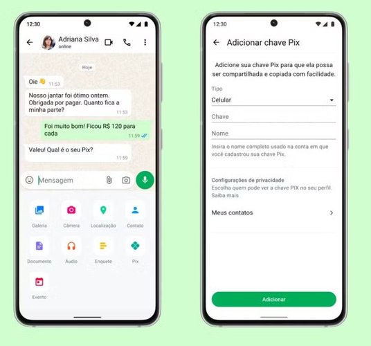 A adição da chave Pix acontece no menu de anexos do WhatsApp. (Fonte: G1/Reprodução)