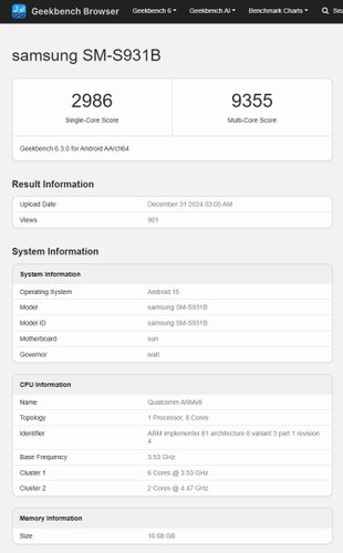 Resultados preliminares publicados no Geekbench Browser mostram o Galaxy S25 Ultra equipado com um Snapdragon 8 Elite modificado. (Fonte: Geekbench/Reprodução)