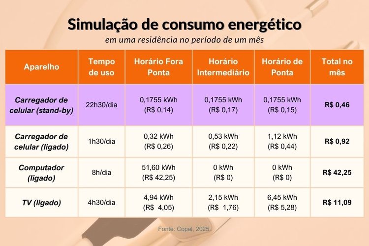 Comparação entre o consumo energético mensal de um carregador de celular em stand-by e outros dispositivos domésticos.