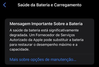 Fique atento a mensagem que é exibida na tela em relação à saúda da bateria do seu iPhone