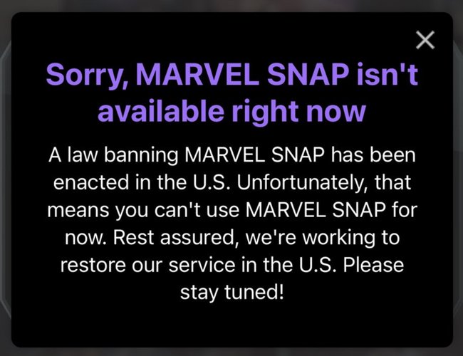 Aviso aos jogadores que estão tentando se conectar em Marvel Snap nos Estados Unidos.