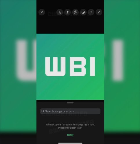 A adição de música nos Status de um WhatsApp rodando no iPhone. (Imagem: WABetaInfo/Reprodução)