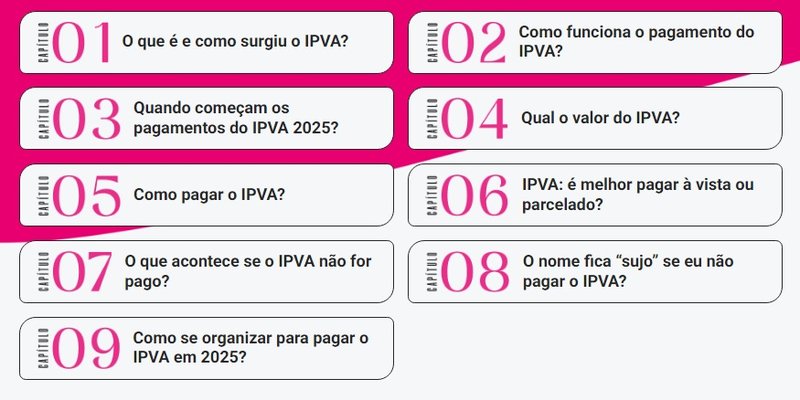 Os capítulos da cartilha do Serasa sobre o IPVA 2025. (Imagem: Serasa/Reprodução)