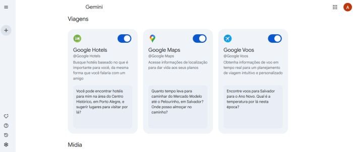 As extensões do Gemini já estão disponíveis em português. (Imagem: Google Gemini/Reprodução)