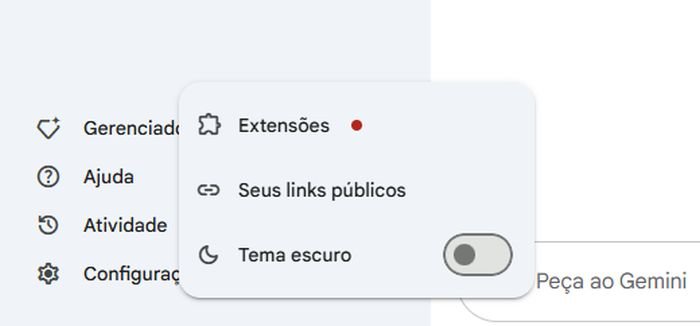 Ativando as extensões do Gemini na versão web. (Imagem: Google Gemini/Reprodução)