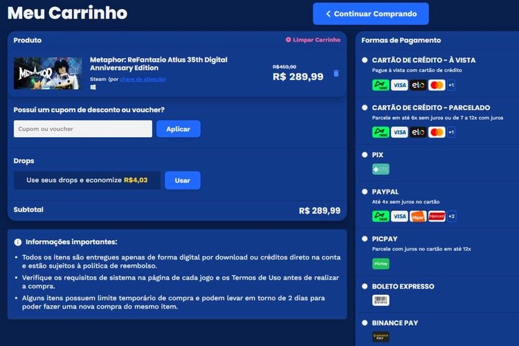 Carrinho de compras da Nuuvem com opções de pagamento