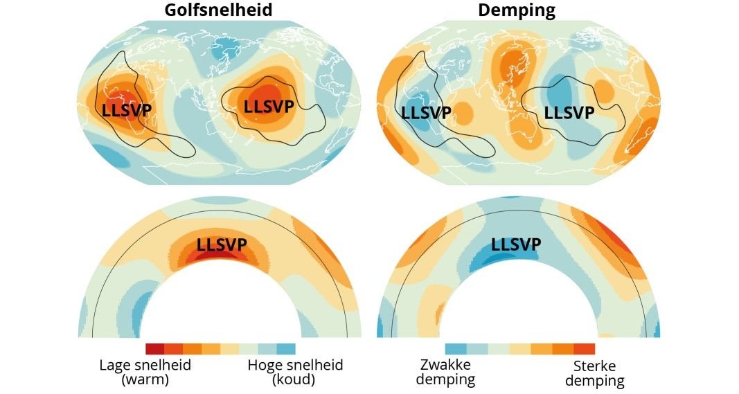 A imagem apresenta gráficos que mostram as regiões de LLSVPs no manto da Terra.