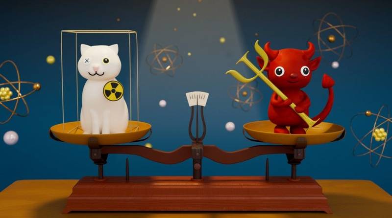A ilustração apresenta um gato representado o gato de Schroedinger e um demonio ao lado, representando o demonio de Maxwell. Fonte: Reiko Matsushita / Universidade de Nagoya 