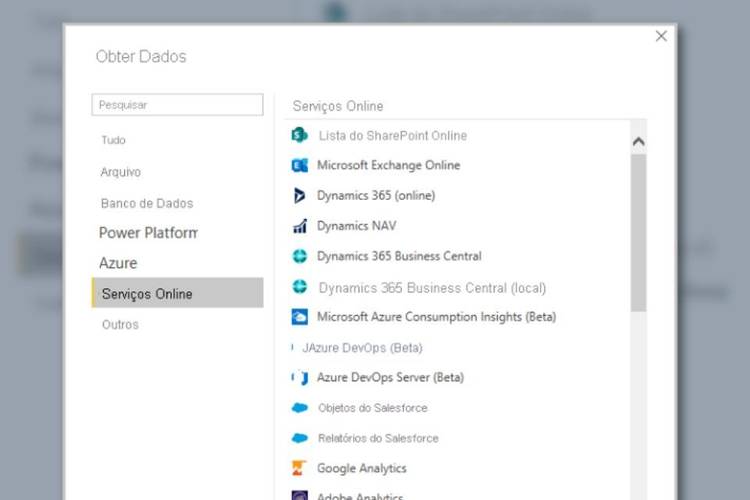 Tela do Power BI para selecionar fonte de dados