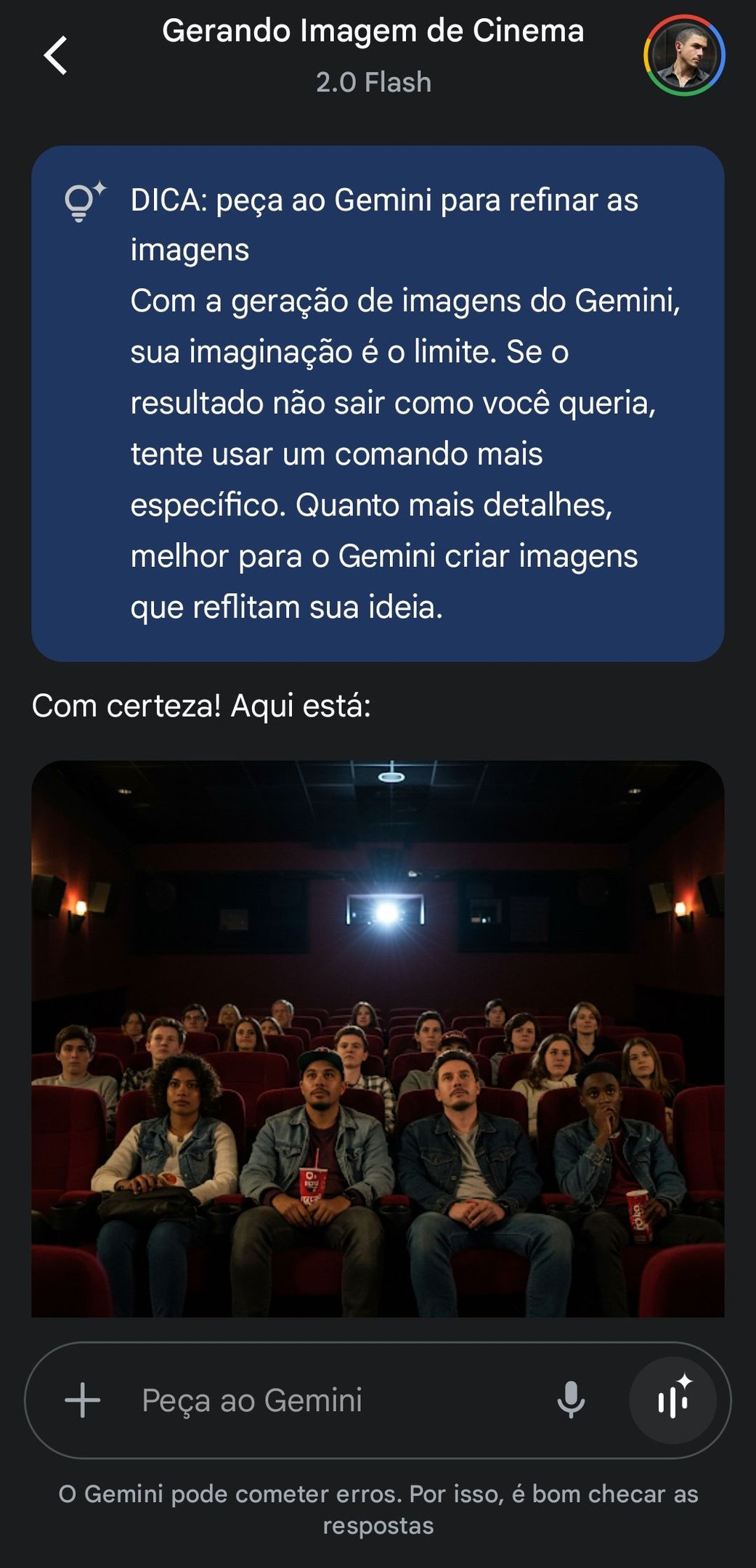 Tela do app Google Gemini com a resposta do chatbot composta por uma imagem de pessoas no cinema gerada por IA.