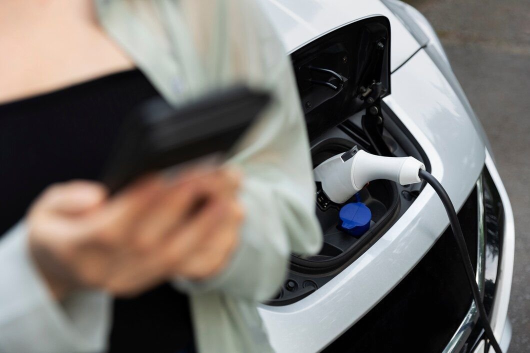 Mulher usando smartphone enquanto carrega carro elétrico.