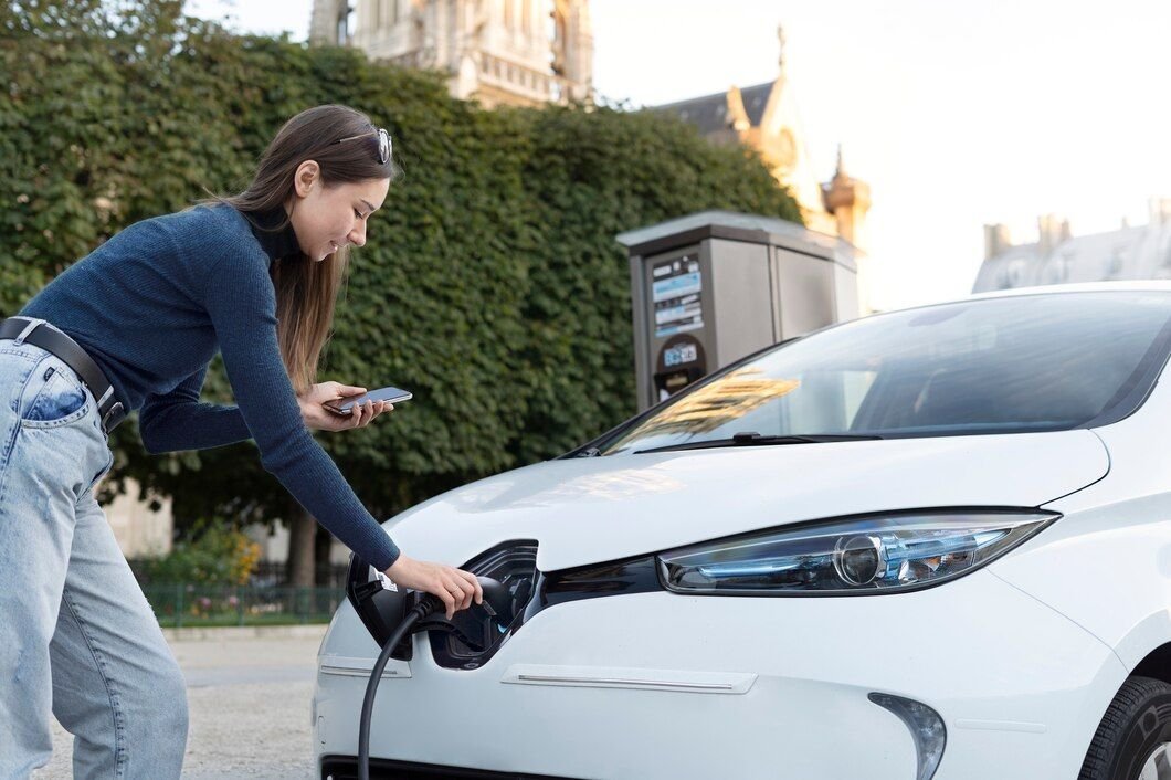 Mulher recarrega carro elétrico de maneira manual.