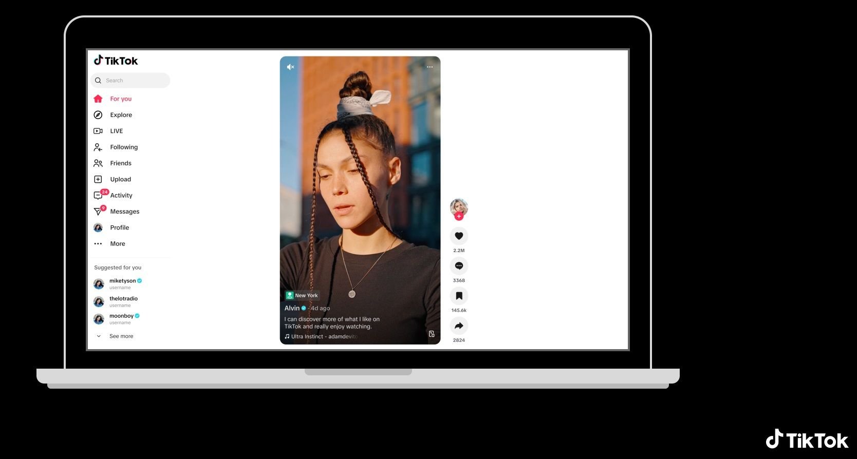 Uma tela da rede social TikTok aberta em um notebook.