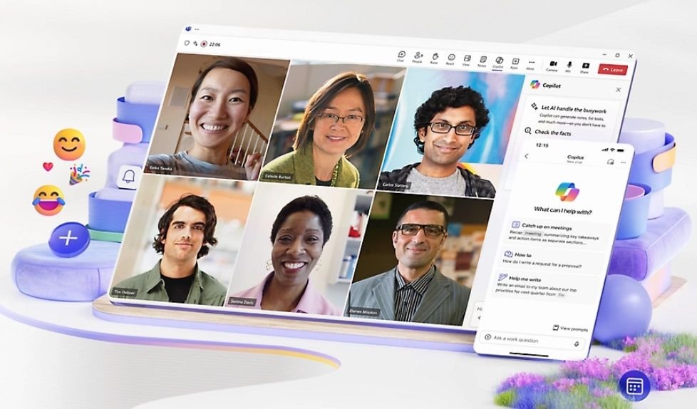 Uma tela de videochamada com seis pessoas no programa Microsoft Teams.