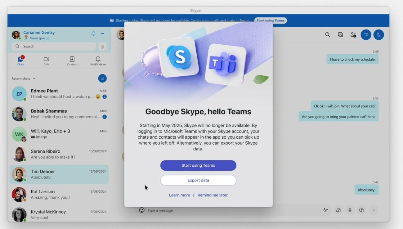 Uma tela de login do Skype com a mensagem de despedida.