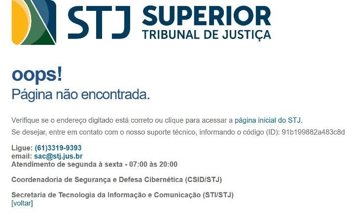 Página de erro do STJ após ataque hacker