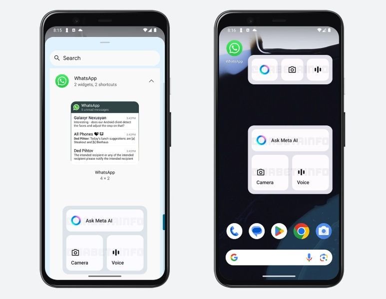 Dois celulares Android lado a lado mostrando os widgets da Meta AI que permitem o uso da plataforma da tela inicial do aparelho.