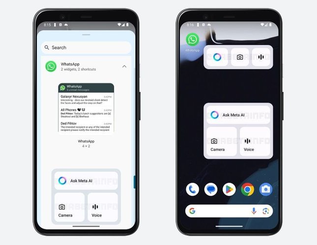 Dois celulares Android lado a lado mostrando os widgets da Meta AI que permitem o uso da plataforma da tela inicial do aparelho.