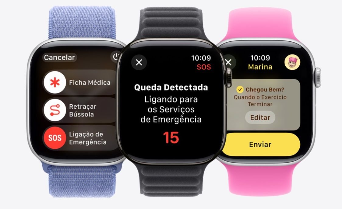 Três relógios inteligentes da Apple lado a lado, com telas exibindo recursos de saúde e bem-estar.