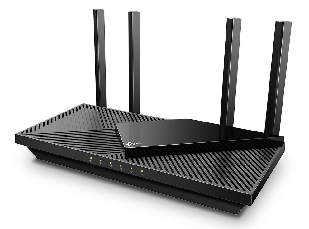 Um roteador TP-Link Archer AX21 em um fundo branco..