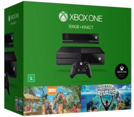 Uma caixa verde do console Xbox One em um bundle com o Kinect.