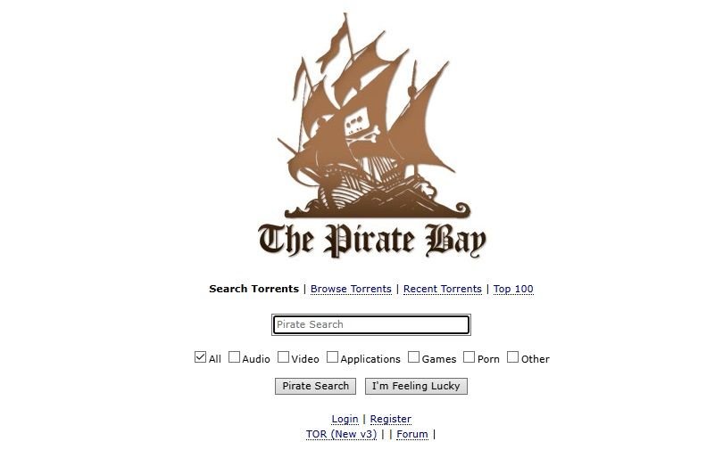 A página inicial do The Pirate Bay.