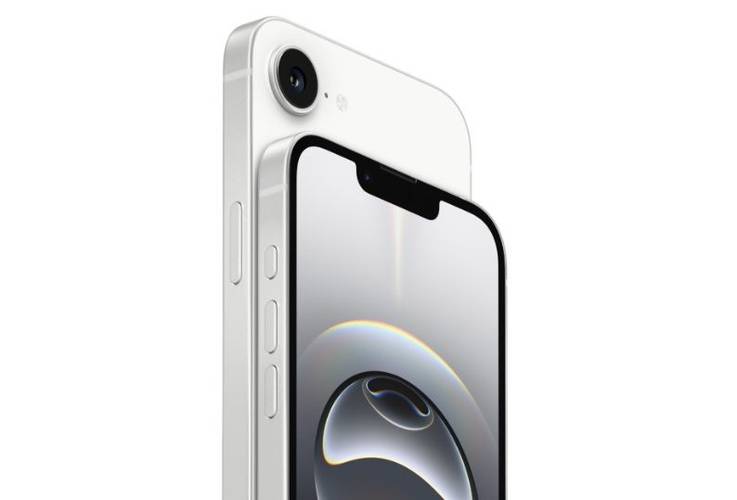 Dois iPhones 16e na cor branca encostados um no outro, um deles de costas e o outro com a tela em destaque