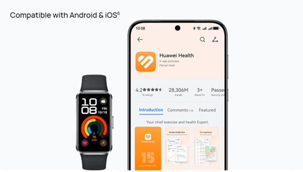 ilustração-da-huawei-band-10-e-um-smartphone-para-demonstrar-a-compatibilidade-do-smartwatch-com-sistemas-operacionais