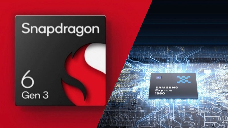 Colagem de logotipos da Qualcomm e Exynos