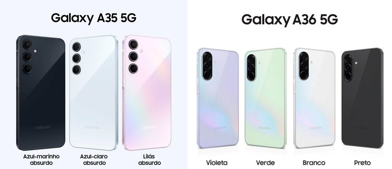 Comparativo de design e cores dos Galaxy A36 e Galaxy A35
