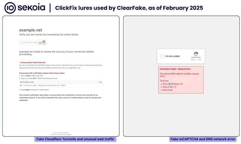 Duas capturas de tela de sites com CAPTCHAS falsos usados para infectar um PC.