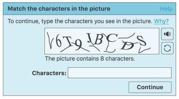 Uma janela em um site que exibe um código de CAPTCHA a ser digitado.