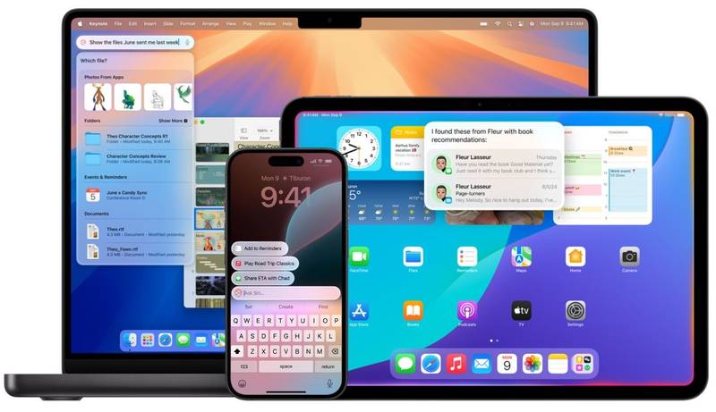 Um celular na frente de um tablet e de um notebook da Apple. Todos estão com a mesma janela das ferramentas de IA Apple Intelligence abertas.