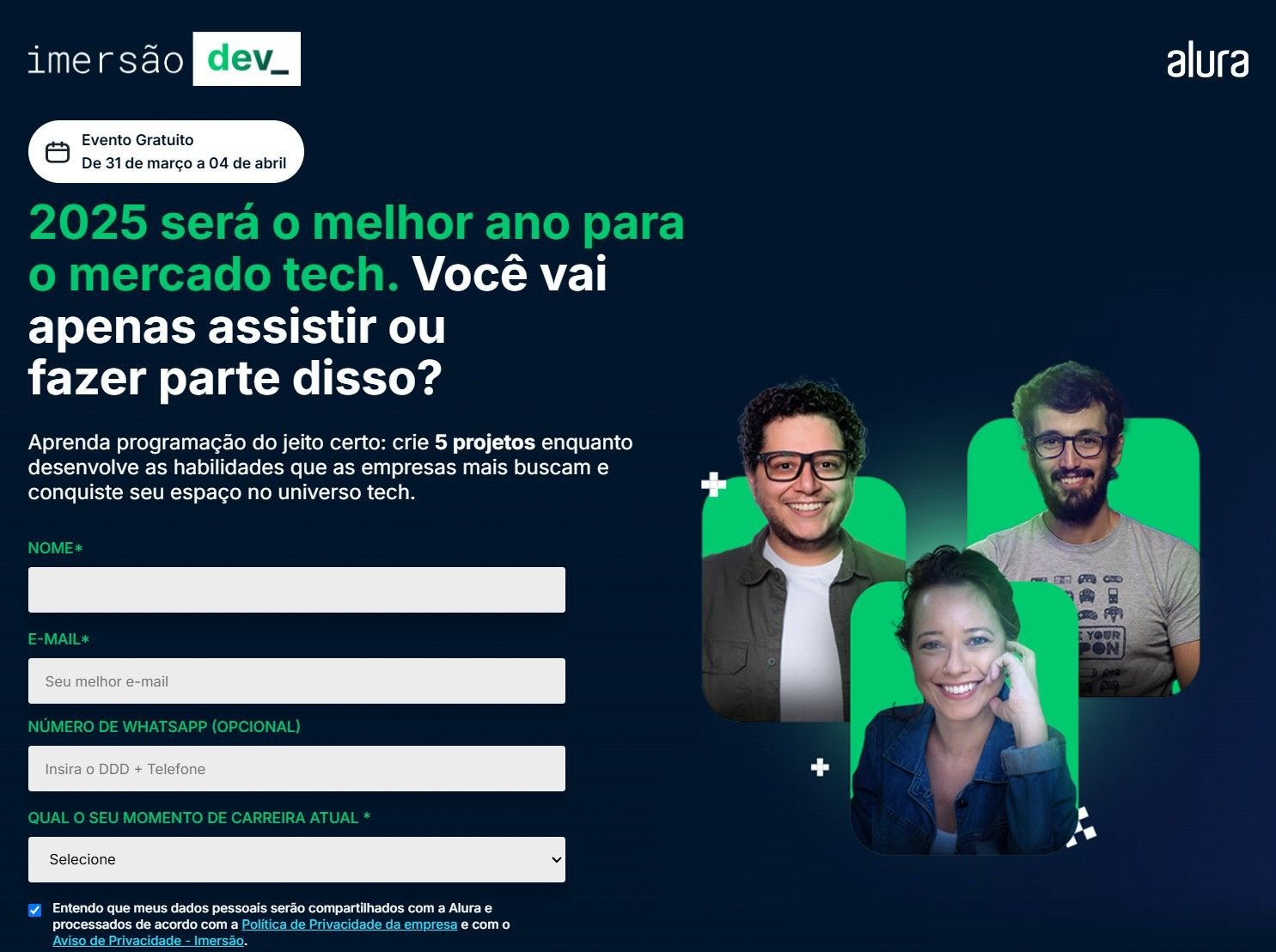 Aba de inscriçãom do curso da Alura