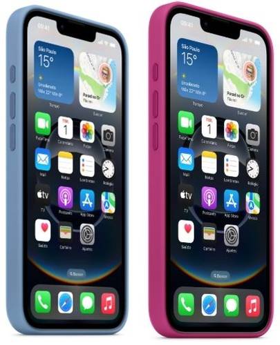 Dois celulares iPhone 16e lado a lado, um deles com a capa azul e o da direita com uma capa fúcsia.