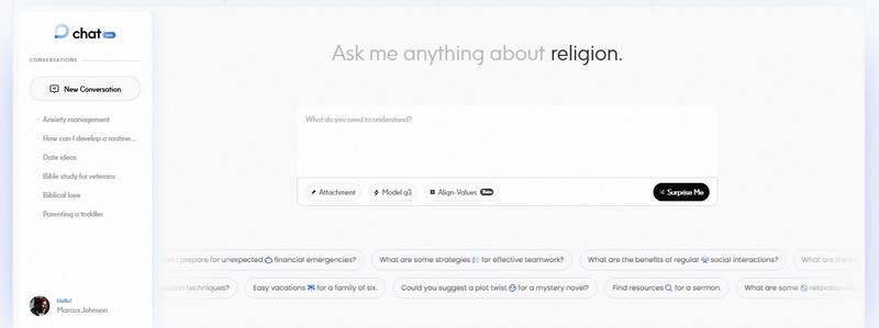 Uma página de um chatbot de IA sobre religião