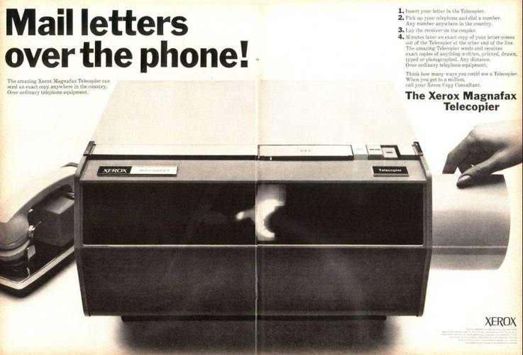 Um anúncio de revista de uma máquina de fax da Xerox, com o texto 