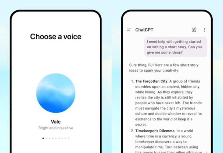 Duas capturas de tela de celular, uma mostrando a escolha de voz do modo avançado de conversa do ChatGPT por áudio e outra com uma conversa em texto com o robô.