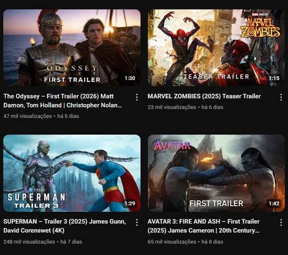 Quatro thumbnails de YouTube com trailers falsos em um canal.