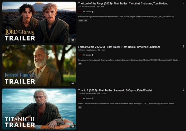 A miniatura de três vídeos com trailers falsos exibidos no YouTube.