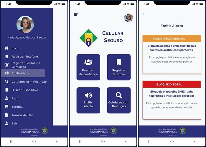 Três telas do aplicativo Celular Seguro do governo brasileiro mostrando o menu de opções, os ícones com as funções e as opções de alerta.